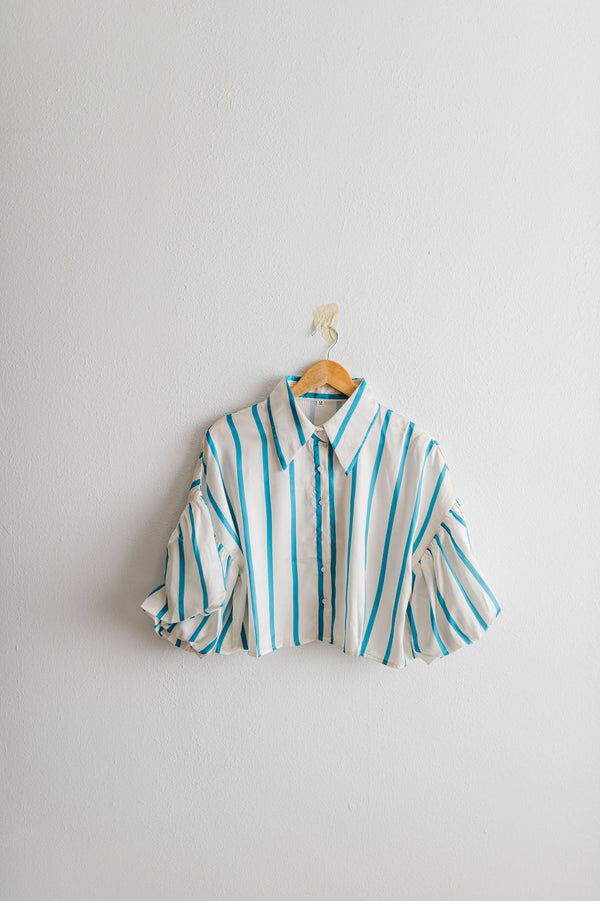 stripe puff sleeve button up | blue stripe