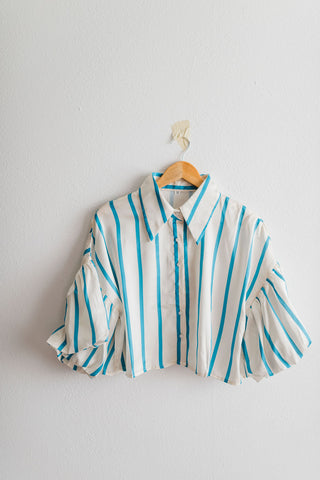 stripe puff sleeve button up | blue stripe