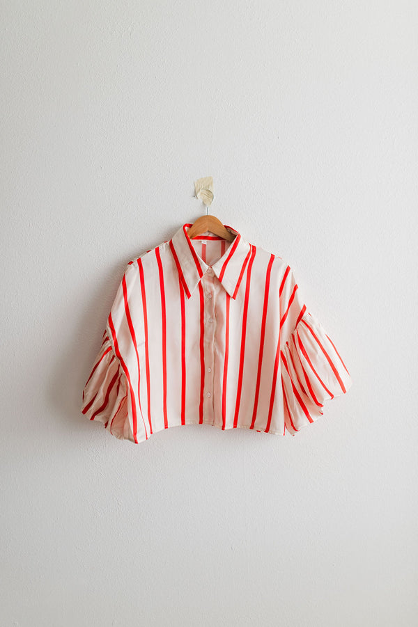 puff sleeve button up | red stripe