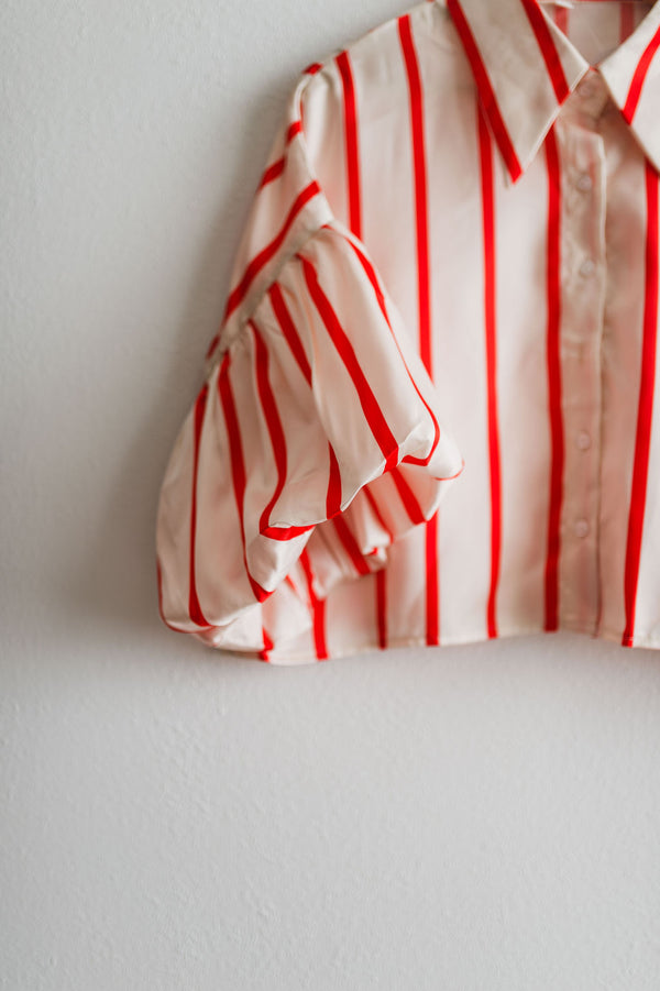 puff sleeve button up | red stripe