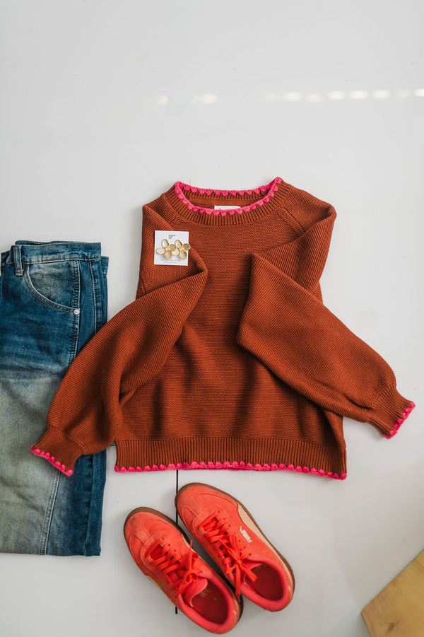 scallop puff sleeve sweater | brown fuschia