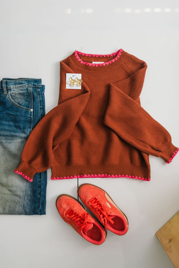 scallop puff sleeve sweater | brown fuschia