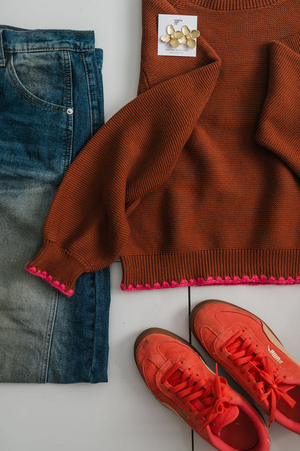scallop puff sleeve sweater | brown fuschia