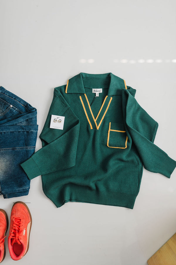 collared pullover | green + gold