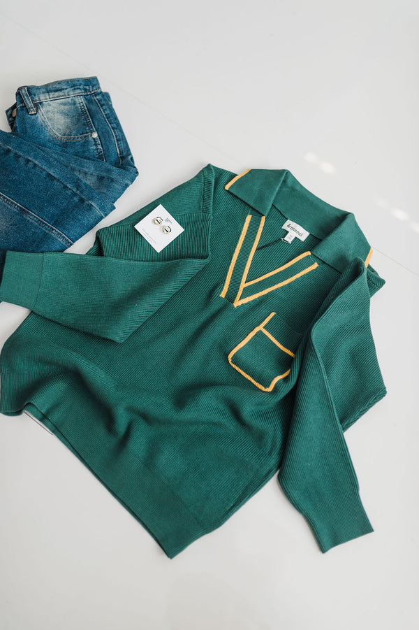 collared pullover | green + gold