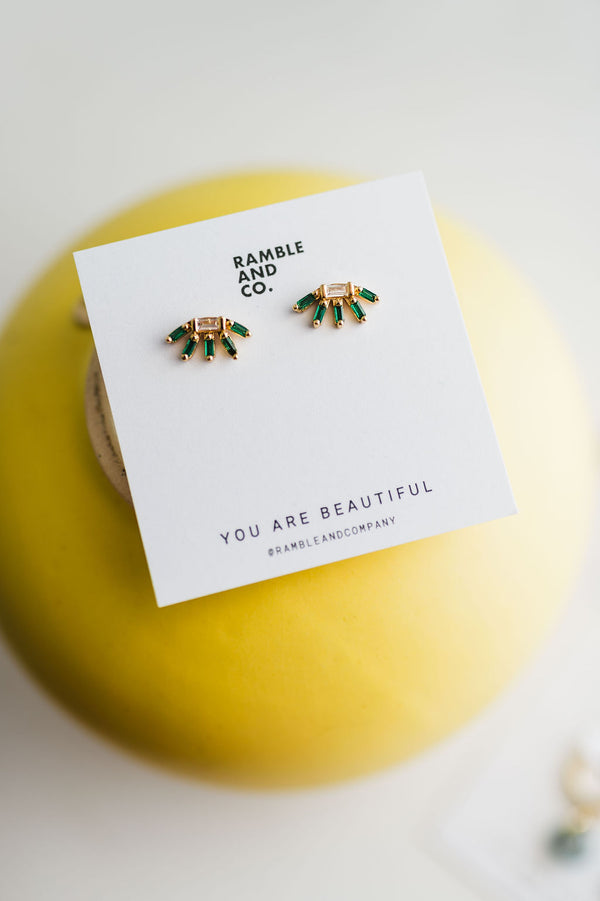 green + clear baguette plant studs | 24k gold filled