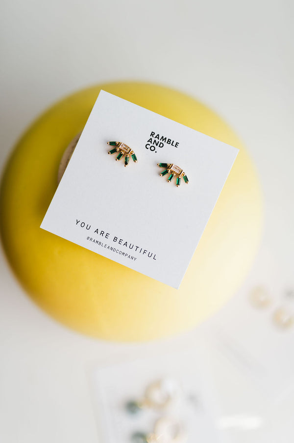 green + clear baguette plant studs | 24k gold filled