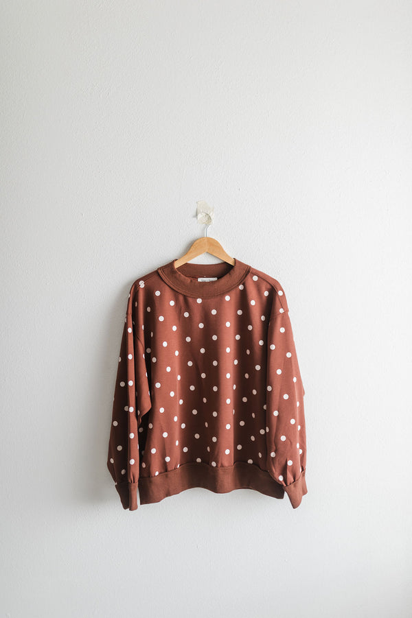 oversized polka dot scuba pullover | brown + white