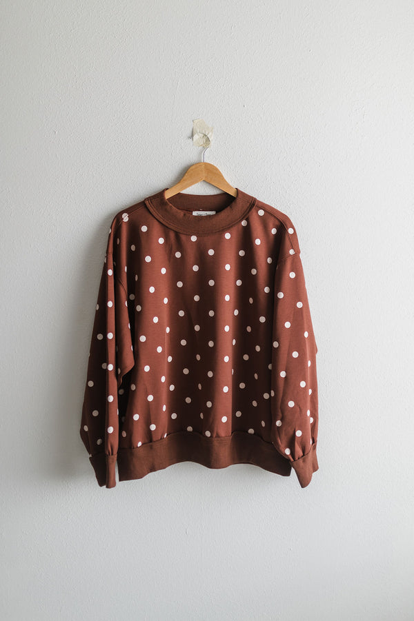 oversized polka dot scuba pullover | brown + white