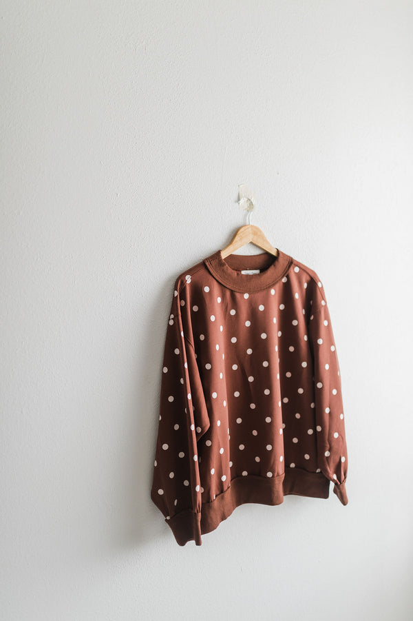 oversized polka dot scuba pullover | brown + white