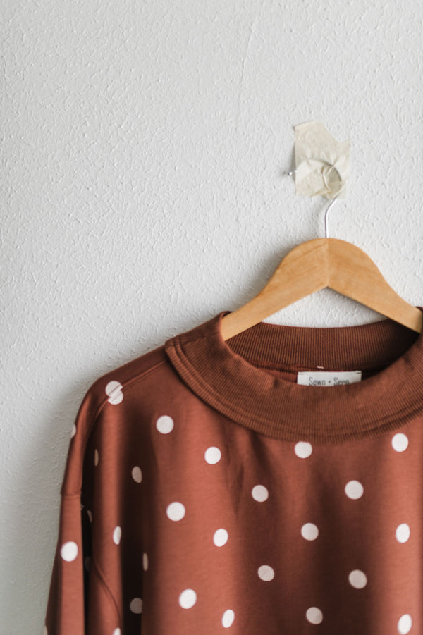 oversized polka dot scuba pullover | brown + white
