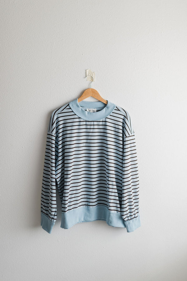 oversized stripe mock neck terry pullover | blue + charcoal