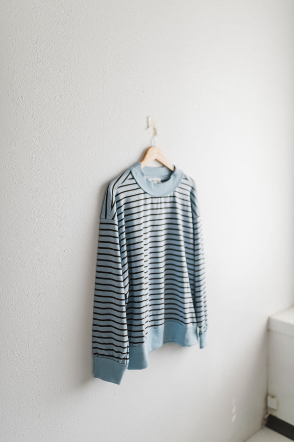 oversized stripe mock neck terry pullover | blue + charcoal