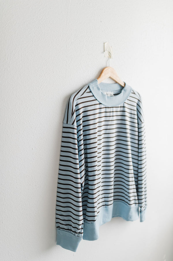 oversized stripe mock neck terry pullover | blue + charcoal