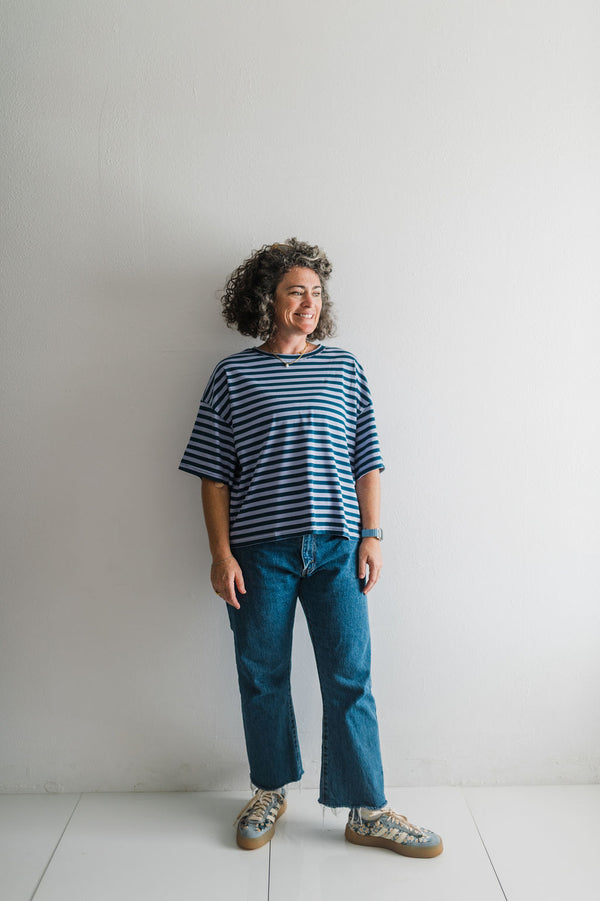 oversized boyfriend tee| blue + lavender stripe
