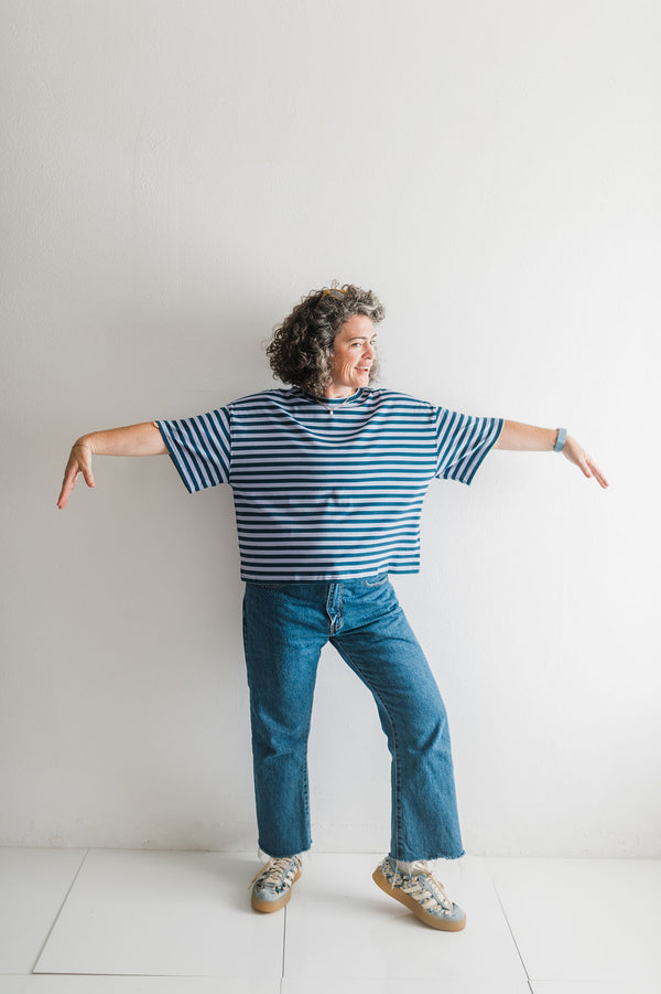 oversized boyfriend tee| blue + lavender stripe