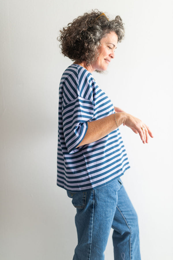 oversized boyfriend tee| blue + lavender stripe