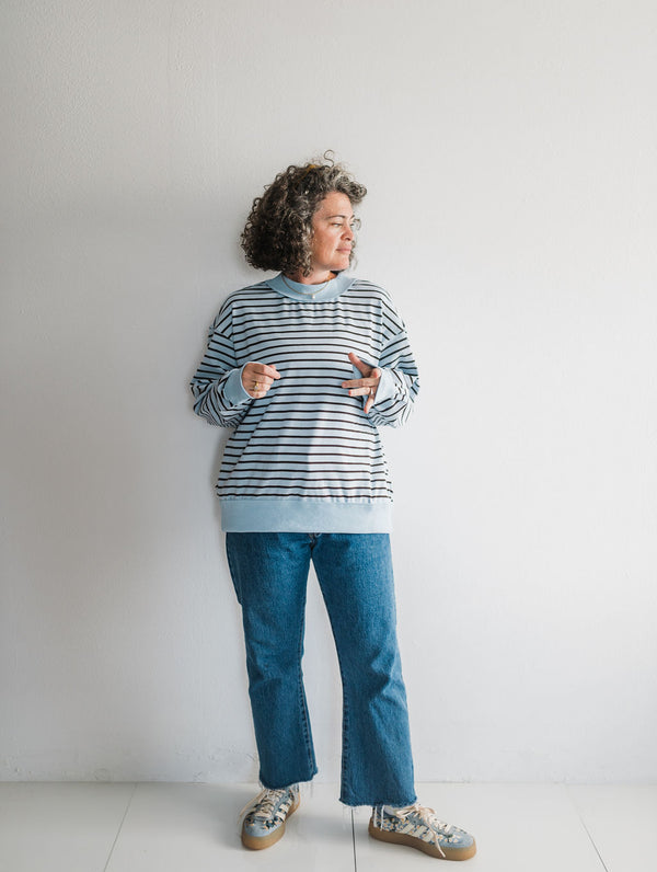 oversized stripe mock neck terry pullover | blue + charcoal