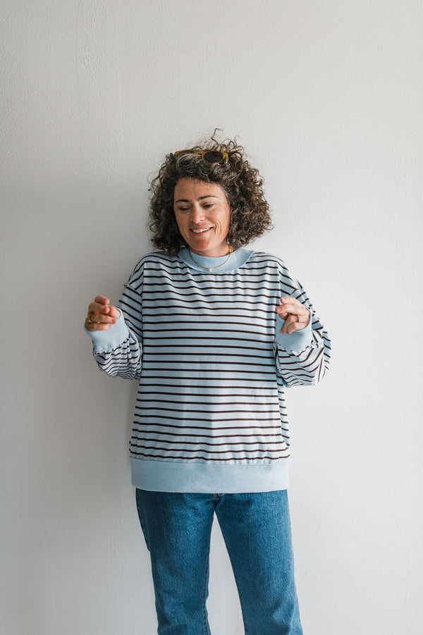 oversized stripe mock neck terry pullover | blue + charcoal
