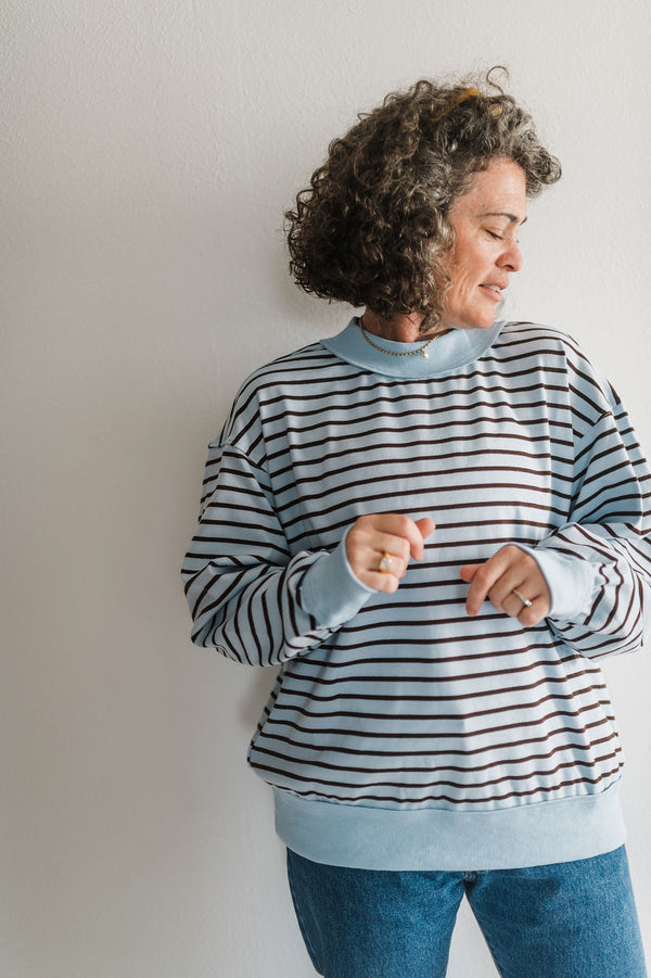 oversized stripe mock neck terry pullover | blue + charcoal