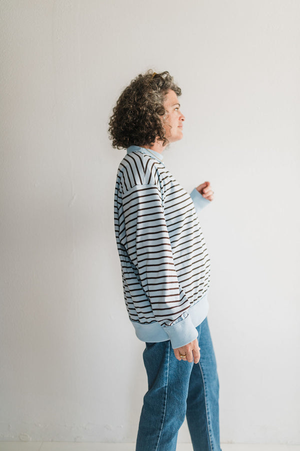 oversized stripe mock neck terry pullover | blue + charcoal