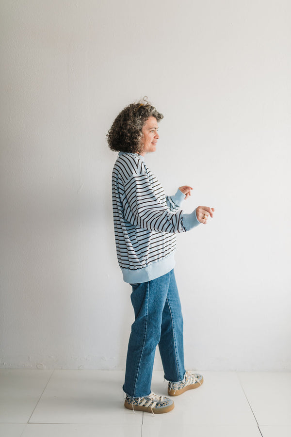 oversized stripe mock neck terry pullover | blue + charcoal