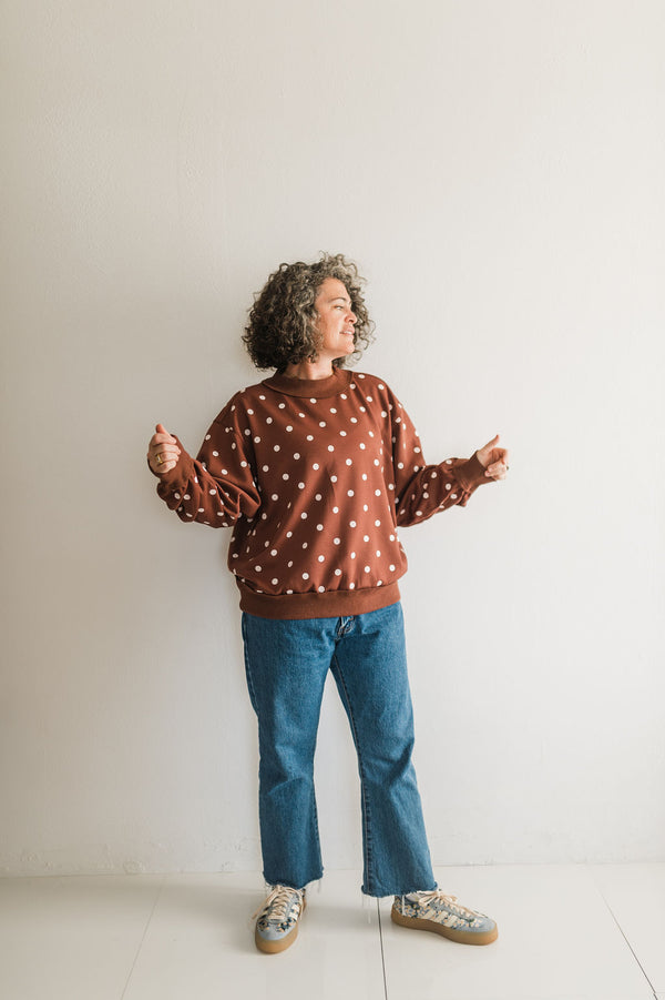 oversized polka dot scuba pullover | brown + white