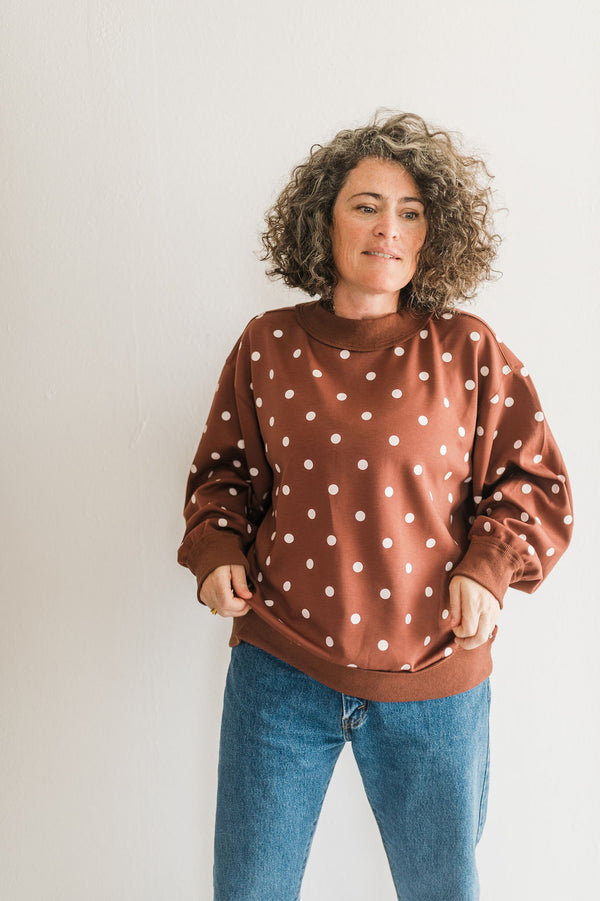 oversized polka dot scuba pullover | brown + white