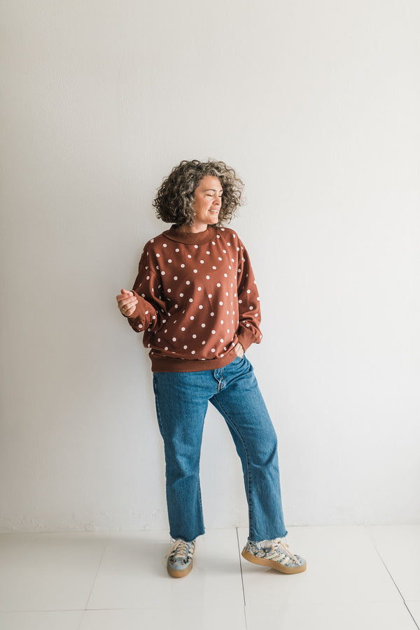oversized polka dot scuba pullover | brown + white