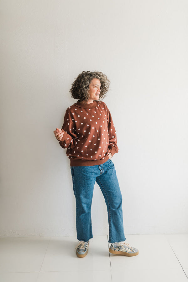 oversized polka dot scuba pullover | brown + white