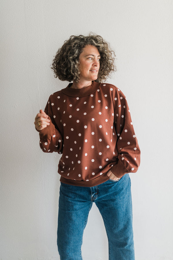 oversized polka dot scuba pullover | brown + white