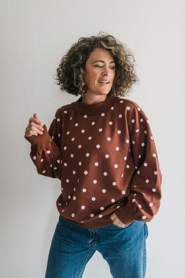 oversized polka dot scuba pullover | brown + white