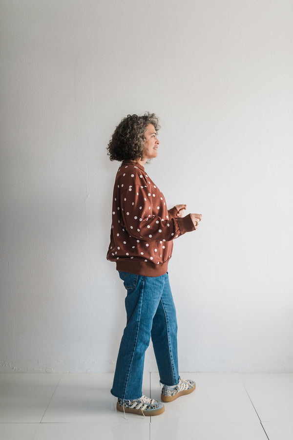 oversized polka dot scuba pullover | brown + white