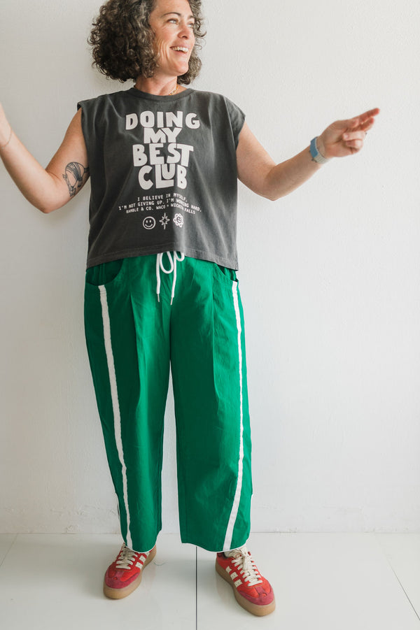 stripe smocked waist cropped pants | green