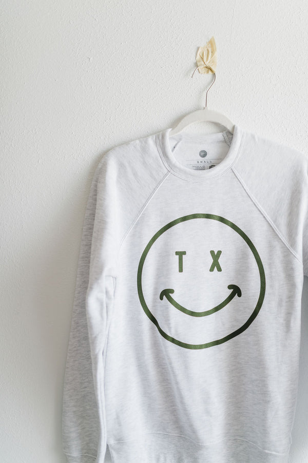 tx smiley | grey raglan crewneck