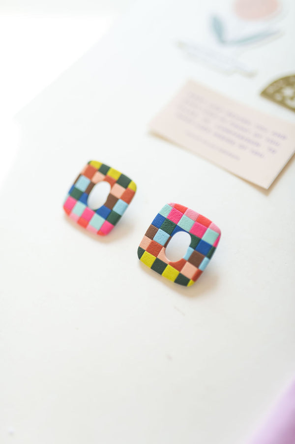 clay statement earrings | rainbow checkerboard