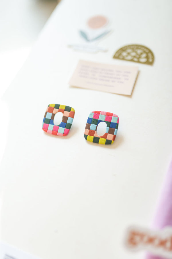 clay statement earrings | rainbow checkerboard