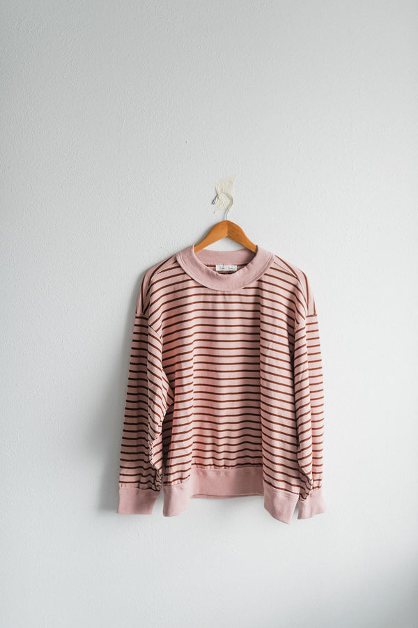 oversized stripe mock neck terry pullover | light pink + brown