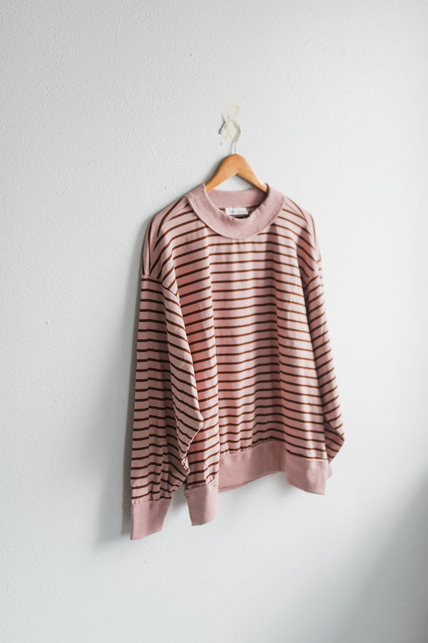oversized stripe mock neck terry pullover | light pink + brown