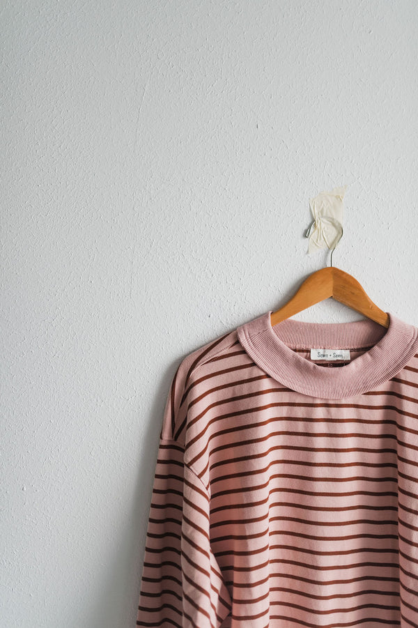 oversized stripe mock neck terry pullover | light pink + brown