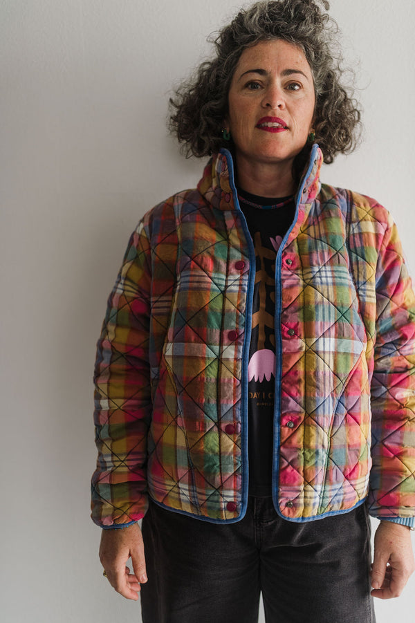 plaid quilted jacket with pockets | stain glass