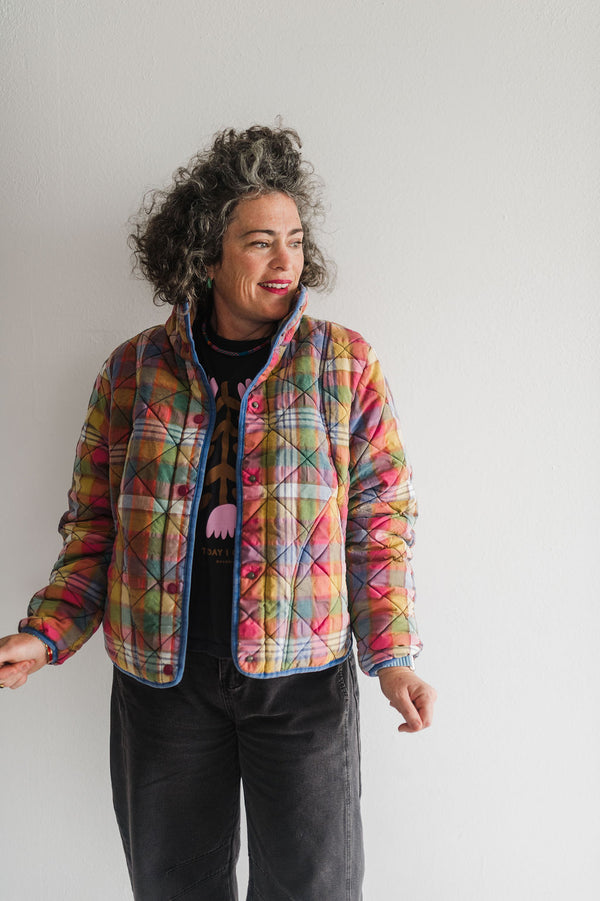 plaid quilted jacket with pockets | stain glass