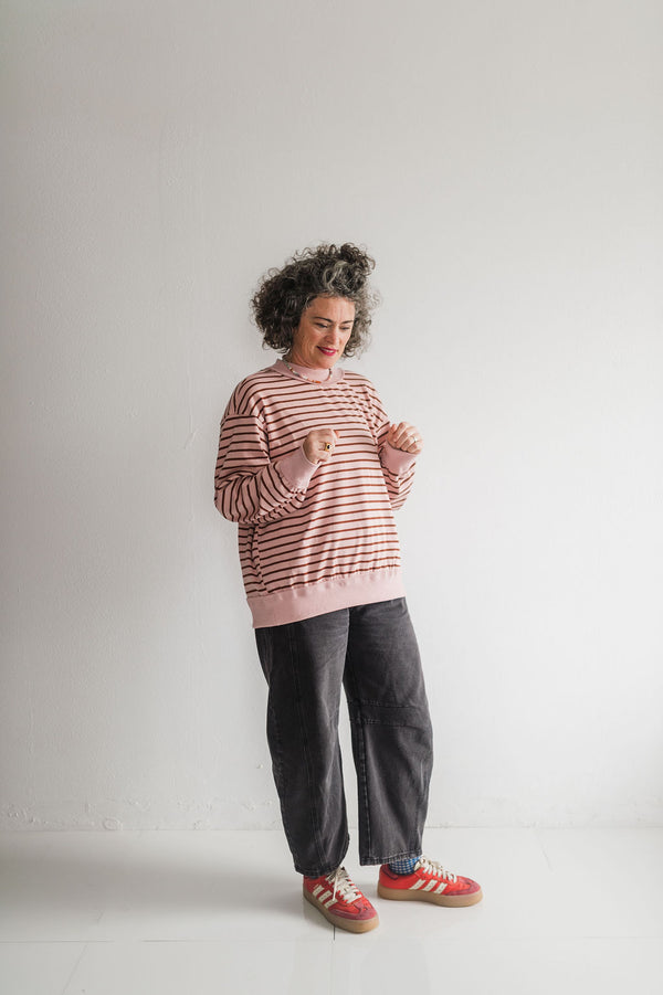 oversized stripe mock neck terry pullover | light pink + brown