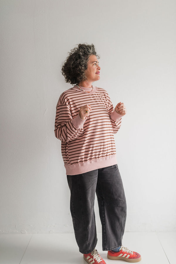 oversized stripe mock neck terry pullover | light pink + brown
