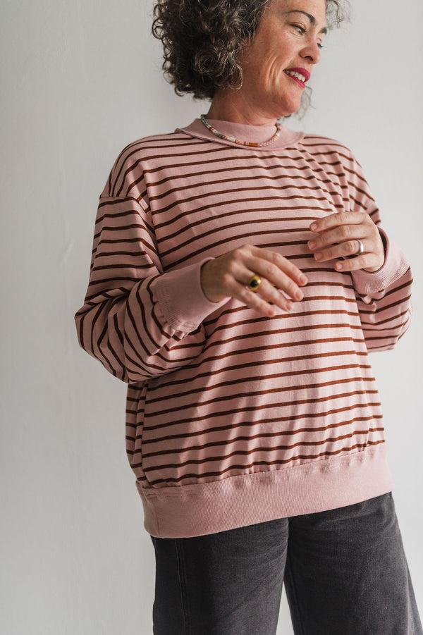 oversized stripe mock neck terry pullover | light pink + brown