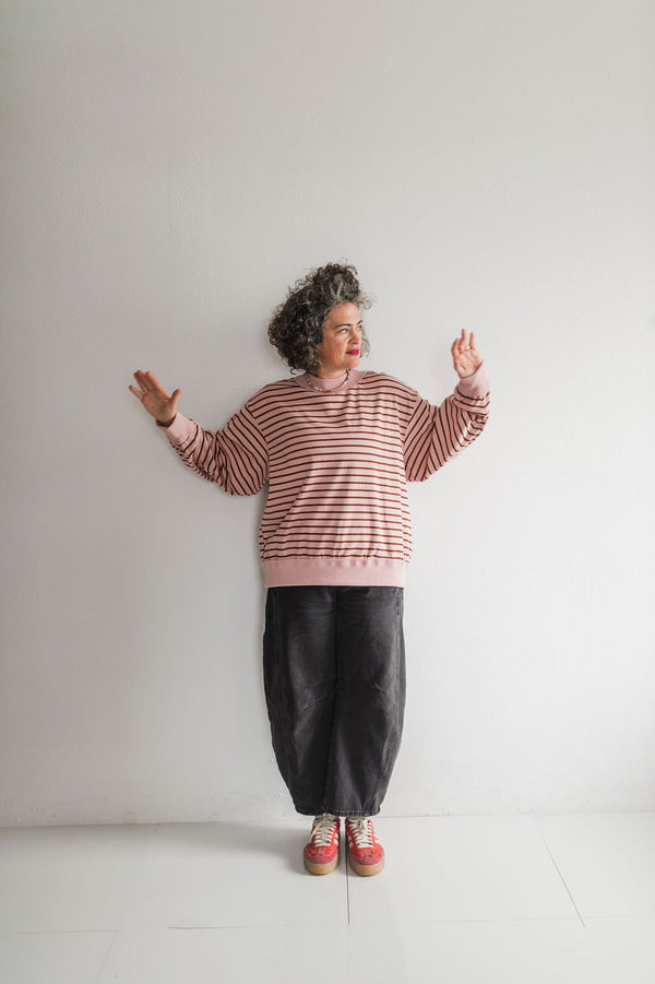 oversized stripe mock neck terry pullover | light pink + brown