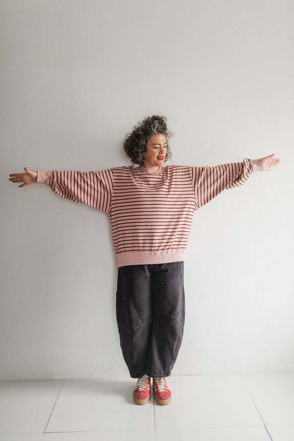 oversized stripe mock neck terry pullover | light pink + brown