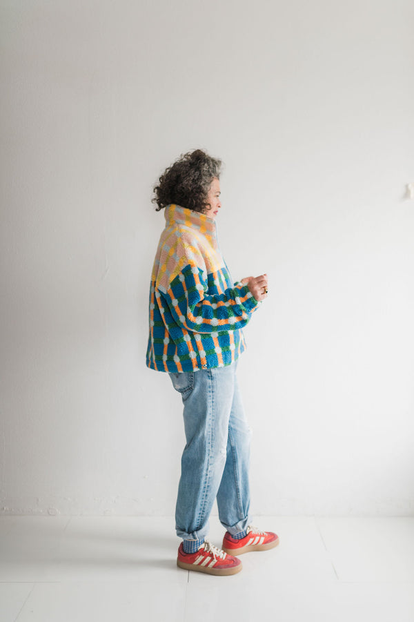 mixed plaid cover jacket | pink + blue