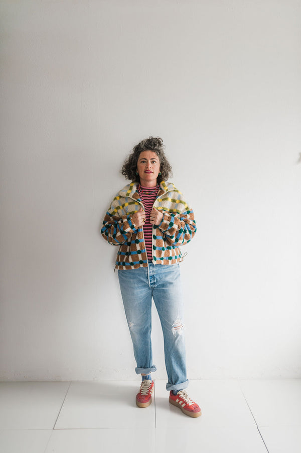 mixed plaid cover jacket | brown + cream
