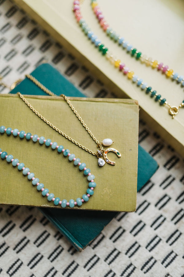 multicolor gemstone necklace | green + pink